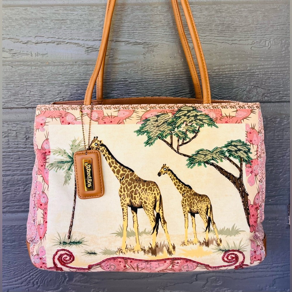 St. John's Bay Pink and Tan Giraffe Print & Beaded Canvas Tote - Picture 1 of 9